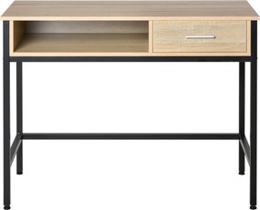 Secretária com arrumação de estilo industrial, secretária para computador com gaveta, estrutura em metal preta, tampo em madeira de carvalho claro