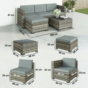 Conjunto de Jardim em Vime de 5 Peças Inclui Almofadas 2 Poltronas de Canto Poltrona sem Braços Apoia-Pés e Mesa de Centro Cinza Claro