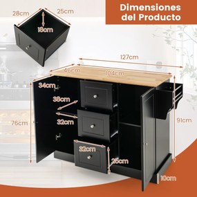Carrinho de cozinha 127 cm x 46 cm x 91,5 cm com rodas e bancada em madeira de borracha, 3 gavetas e 2 armarios com prateleiras ajustáveis Preto