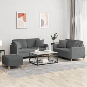 3202111 vidaXL 3 pcs conjunto de sofás com almofadas tecido cinzento-escuro