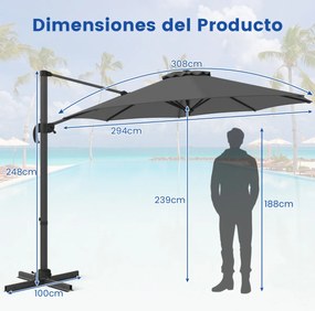 Guarda-sol redondo jardim 294 x 247 cm Guarda-sol suspenso com rotação de 360° Base cruzada 5 inclinações ajustáveis Cinzento