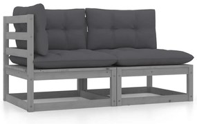 2 pcs conj. lounge de jardim c/ almofadões pinho maciço cinza