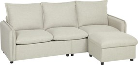 HOMCOM Sofá 3 lugares com puff com arrumação, sofá de canto modular 212 cm, almofadas com molas, tecido de linho, creme | Aosom Portugal
