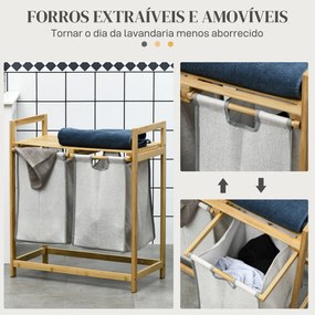 Cesto de Roupa de Bambu Cesto de Roupa Suja com 2 Bolsas Amovíveis e 2 Prateleiras para Casa de Banho 64x33x73 cm Madeira