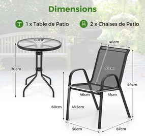 Conjunto de bistrô para área externa de 3 peças com mesa lateral redonda e 2 cadeiras empilháveis, conjunto de assentos com tampo de mesa cinza