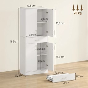 Armário de cozinha alto com 4 portas, 2 compartimentos e 1 gaveta central, altura de 180 cm, com 2 prateleiras ajustáveis, branco