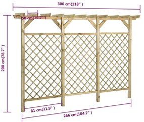 Cerca treliça c/ pérgola no topo 300x50x200 cm pinho impregnado