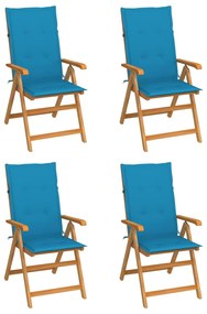 vidaXL Cadeiras de jardim c/ almofadões azul 4 pcs teca maciça