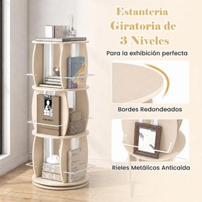 Estante Giratória para Livros, 40 x 40 x 107,5 cm, Rotação de 360° em 3 Níveis, Natural