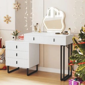 Toucador com espelho 120 x 40 x 124 cm e luzes 3 luzes ajustáveis 5 gavetas Bancada lateral Acabamento canelado e pernas metálicas Branco