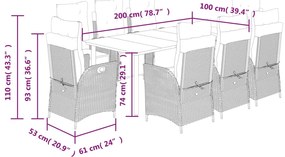9 pcs conjunto de jantar p/ jardim c/ almofadões vime PE cinza