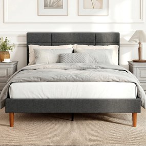 Cama Estofada 140x200 cm (COLCHÃO NÃO INCLUIDO) com Cabeceira Almofadada, Estrado de Ripas e Espaço Livre Inferior, Cinzento