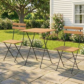 Conjunto de jardim estilo bistrô de 3 peças, 2 cadeiras dobráveis, mesa quadrada em madeira de acácia, 55 x 55 x 71 cm, natural