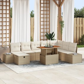 vidaXL Conjunto de Jantar de 9 Peças com Almofadas Bege de Rattan Acácia