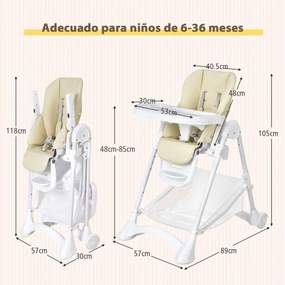 Cadeira Refeição Bebé Alta Cadeira de Jantar Dobrável com Rodas Altura da Almofada em PU Dupla Removível 89 x 57 x 105 cm Bege
