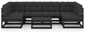 7pcs conjunto longue de jardim c/ almofadões pinho maciço preto