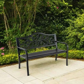 Banco de jardim 128 cm  em ferro fundido com encosto com design floral Apoio para os braços e assento com ripas Preto