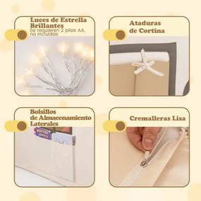 Casa de brincar para crianças para interior 120 x 101 x 143 cm, com luzes de estrelas e tapete acolchoado a partir dos 3 anos Bege + Café