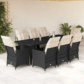 vidaXL 9 pcs conjunto de bistrô p/ jardim c/ almofadões vime PE preto