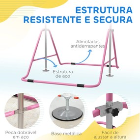 Barra de Ginástica para Crianças Dobrável com Altura Ajustável para Treino em Casa 154x106,2x88,5-128,5 cm Rosa