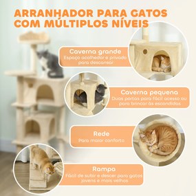 Arranhador para Gatos com Múltiplas Plataformas Cama 2 Cavernas Rede Escada Postes de Sisal 48x48x140 cm Bege