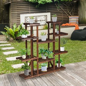 Floreira Suporte para plantas de madeira com 6 níveis de expositores carbonizados para 17 vasos Flores para pátio de varanda Sala de estar Natural