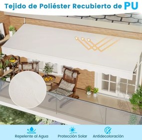 Toldo retrátil manual 4 m x 3 m Toldo exterior com altura ajustável Manivela e sem perfuração para janela Porta Terraço Branco