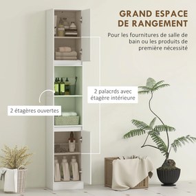 Armário de coluna para casa de banho 30 x 24 x 170 cm, móvel de arrumação com 2 portas, 2 compartimentos abertos, branco