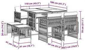 9 pcs conj. jantar jardim c/ almofadões vime PE bege misturado