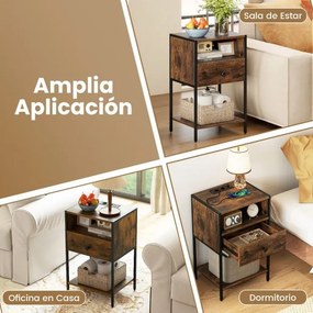 Mesa de cabeceira, mesa apoio 40 x 32 x 65 cm com estação de carregamento com Compartimento aberto Gaveta castanho rustica e preta