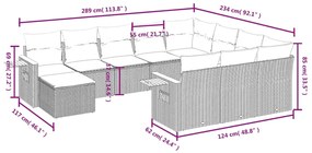 11 pcs conjunto sofás de jardim c/ almofadões vime PE cinzento