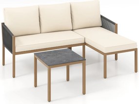 Conjunto de 3 Peças de Jardim: Sofá de 2 Lugares, Espreguiçadeira e Mesa de Centro, 118 x 171 x 64 cm, Estrutura Metálica Reforçada, Bege