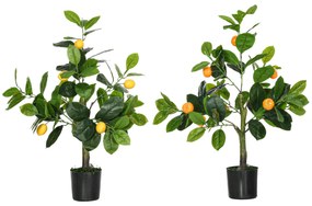 HOMCOM Conjunto de 2 Plantas Artificiais Decorativas Limoeiro e Laranjeira Artificiais de 60 cm com Vaso Decoração de Casa Verde