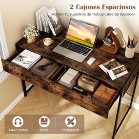 Secretária de escritório 111 x 48 x 76 cm com 2 gavetas, travessas reforçadas e suportes em X castanha