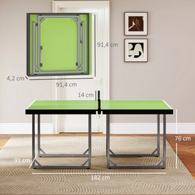 Mesa de Ping Pong Pequena Dobrável 182x91x76 cm com Rede e Estrutura de Aço Verde
