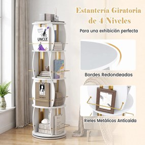 Estante Giratória para Livros de 4 Níveis, 40 x 40 x 128,5 cm, Rotação de 360°, Branco