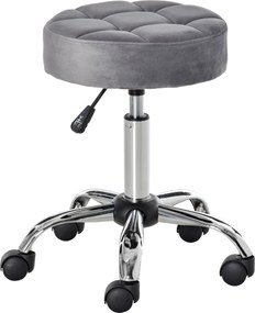 HOMCOM Banco de salão com rodas Banqueta giratória regulável em altura Toque de veludo Espuma Base cromada Cinzento claro 35 x 35 x 49-61 cm | Aosom Portugal