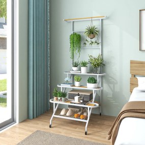 Estante para plantas de 4 níveis com estrutura metálica com rodas, escada e barra 80 x 85 x 175 cm para sala de estar, varanda e pátio Branco