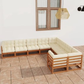 vidaXL 9 pcs conj. lounge jardim almofadões pinho maciço castanho mel