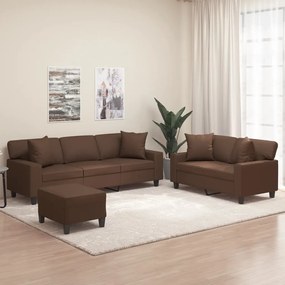 vidaXL 3 pcs conj. sofás c/ almofadas/almofadões couro artif. castanho