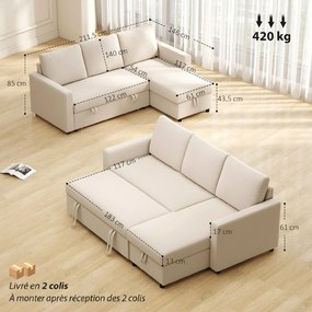 Sofá de canto convertível e modular com méridiana reversível 211,5 C x 146 L x 85 A cm (sofá), 183 C x 117 L x 43,5 A cm (cama), compartimento de arru