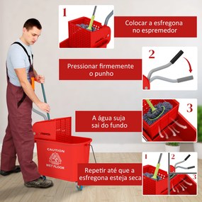 Balde de Limpeza 20L com Rodas e Espremedor Balde para Esfregona com Separador de Água 60x27x70,5 cm Vermelho