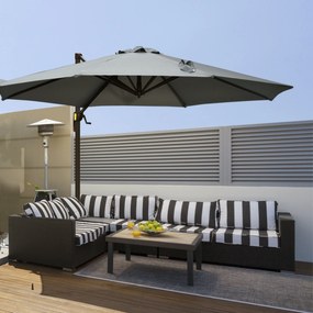Guarda-sol octogonal inclinável Ø 3 x 2,5 m, com rotação de 360°, base em cruz, 8 cordas, manivela incluída, estrutura em alumínio e aço, cinzento
