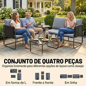 Conjunto de Jardim de 4 peças Móveis de Exterior com 2 Sofás de 2 Lugares 2 Mesas de Vidro Almofadas Capas Removíveis Cinza