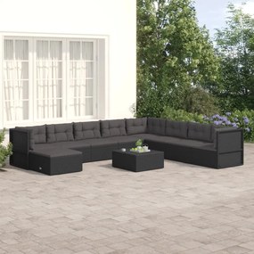 vidaXL 9 pcs conjunto lounge de jardim c/ almofadões vime PE preto