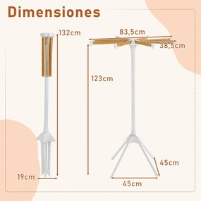 Estendal de roupa com 4 pés dobrável com 8 barras de bambu 40 ranhuras para cabides e estrutura metálica resistente Natural
