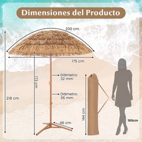 Guarda-sol jardim Tiki de 200 CM estilo havaiano com base 3 pernas dobráveis com botão de inclinação portátil Natural