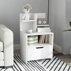 Mesa de Cabeceira de Madeira Moderna com Gaveta e Prateleiras de Armazenamento 45x35x73 cm Branco