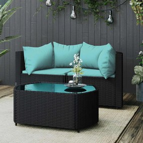 3 pcs conjunto lounge de jardim c/ almofadões vime PE preto