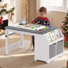 Conjunto de Mesa de Arte Infantil e Banco, 91 x 54 x 49,5 cm, Com Rolo de Desenho, Cinzento + Branco
